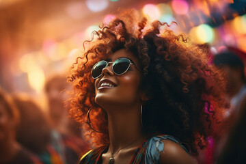 Happy hipster African American woman in sunglasses having fun at music festival. Beautiful African hippie woman at an outdoor party, lifestyle