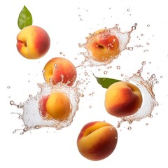 Floating peaches isolated on a white background