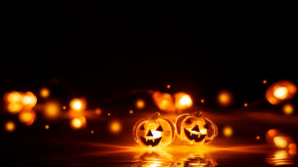 Bright glowing pumpkin head on a dark background, blurred bokeh, Halloween background