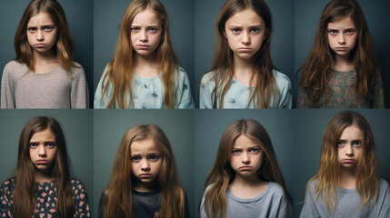 Set sad faces of kids. Sad child girls expressing different negative emotions - obrazy, fototapety, plakaty