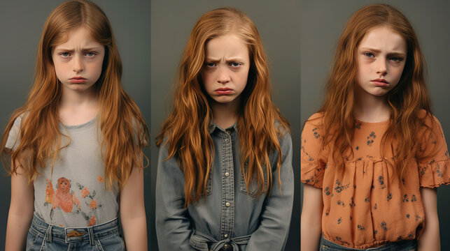Set sad faces of kids. Sad child girls expressing different negative emotions