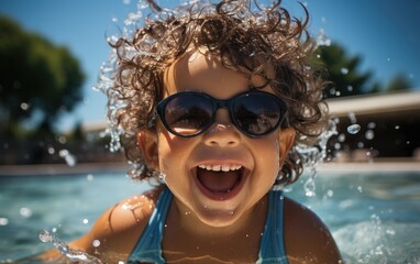 Happy kid boy playing in the pool on a hot summer day. Generative AI