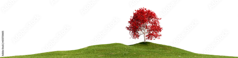 Poster red maple tree with meadow field png 3d file ready to sky replacement transparent background, 3d ill