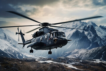 Fototapeta na wymiar Helicopter on the background of mountains.