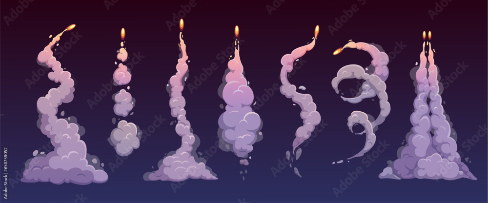 Poster cartoon rocket smoke trail clouds in sky or spaceship launch vector effects. rocket or spaceship lau