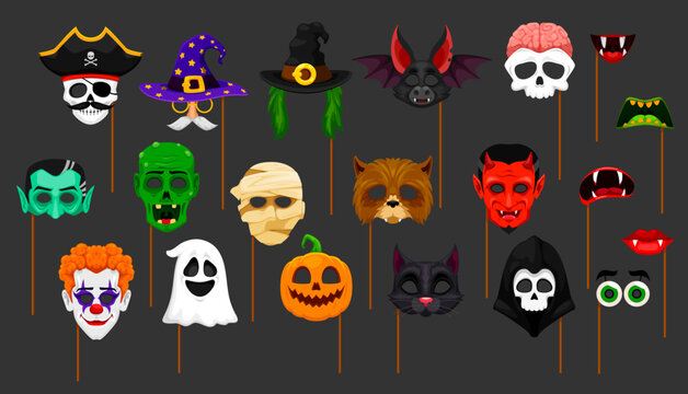 Halloween photo booth masks and props, isolated cartoon vector faces, hats, eyes and mouths. Witch, pumpkin, bat, devil, skull and zombie with ghost, monster brain and clown and mummy with black cat