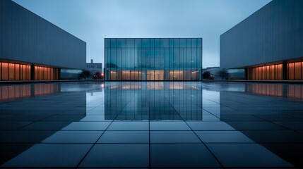 An urban plaza with a modern architecture building and a reflecting pool in front
