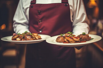 Hand of waiter from restaurant with a terrace on the beach with a view of the turquoise sea carries heavy plates with hamburgers for guests.