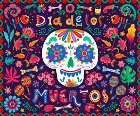 Dia de Los Muertos or Day of Dead Mexican holiday vector banner with tropical flowers and candles. Calavera sugar skull and bones in floral pattern ornament of Mexican maracas and chili peppers