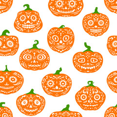 Halloween party Mexican pumpkins seamless pattern, holiday night vector background. Scary spooky Halloween pumpkins with Mexican calavera skull pattern ornament for Dia de Los Muertos pattern