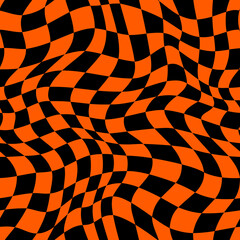 Halloween optical psychedelic seamless pattern or curvy wavy background, vector black and orange checkered mosaic. Halloween horror night holiday background with optical illusion hypnotic pattern