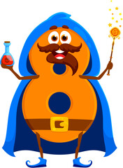 Cartoon Halloween number 8 or digit character in holiday costume, vector wizard mage. Number eight in Halloween costume of witch sorcerer with magic wand and potion for kids algebra or arithmetics