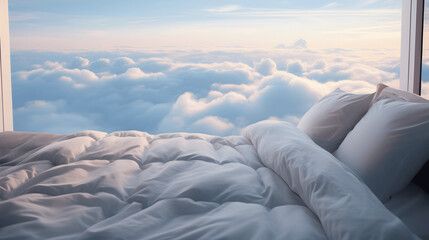 cama sobre las nubes - obrazy, fototapety, plakaty