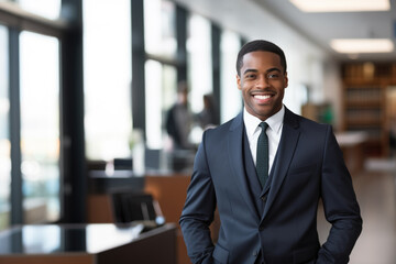 Fototapeta premium portrait of a lawyer in suit and tie, in the middle of his office