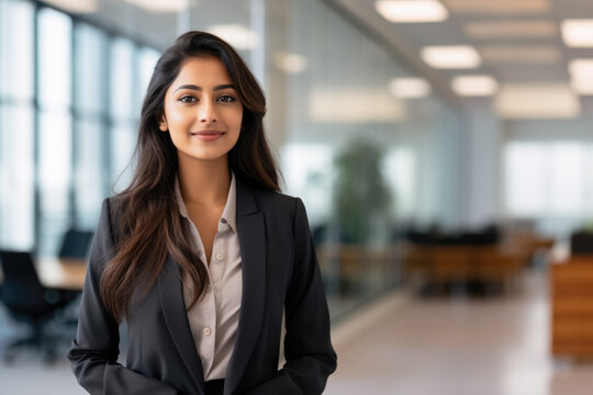 portrait of a lawyer in suit and tie, in the middle of her office