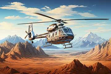 Helicopter on the background of mountains. - obrazy, fototapety, plakaty