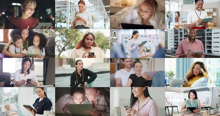 Collage, people and mobile with internet, technology and streaming for social media, video and online content. Men, women and kids on smartphone or tablet for communication, connection and search - Powered by Adobe