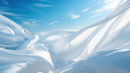 light white fabric flutters in the wind against the blue sky.background. 