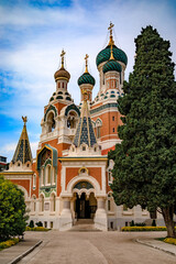 Fototapeta na wymiar Ornate Saint Nicholas Russian Orthodox Cathedral in Nice, the largest Eastern Orthodox cathedral in Western Europe and a National Monument in France