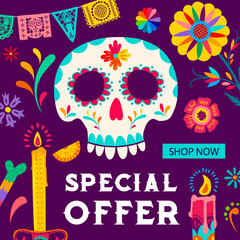 Day of the Dead Dia De Los Muertos sale banner with mexican holiday skull, marigolds and papel picado flags. Vector Day of the Dead special offer shopping flyer with calavera, candles, flowers pattern