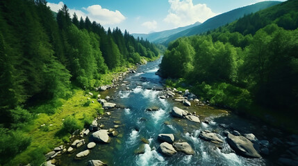 A rocky river in the middle of a forest. Aerial view of river reflecting sky, amid lush green landscape, aerial view. Top view of a mountain river in the forest. - obrazy, fototapety, plakaty