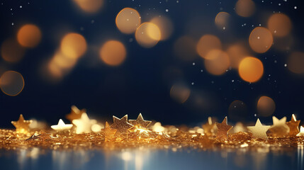 Abstract navy background and gold shine stars. New year, Christmas background with gold stars and sparkling. Christmas Golden light shine particles bokeh on navy background. Gold foil texture.