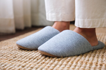 Closeup of a woman wearing slippers at home