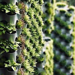 Close-up shot of an innovative green technology, such as a vertical garden or a rainwater harvesting system, showcasing the ecological innovations in sustainable development. Capture the intricate det - obrazy, fototapety, plakaty