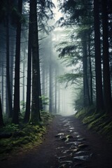 Fototapeta premium Misty spooky forest background, gloomy trees in scary horror foggy woods Happy Halloween dark night creepy nature mist fantasy atmosphere mystery dramatic landscape fall nightmare scenery. Copy space