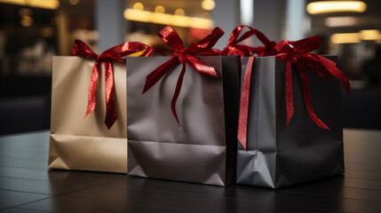 Shopping bags with red ribbons on a table
