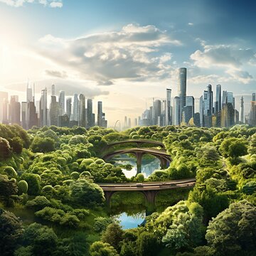 Composite image featuring a city skyline transformed into a lush green landscape, with buildings covered in vegetation and rooftop gardens. Depict an urban environment where nature and human-made stru