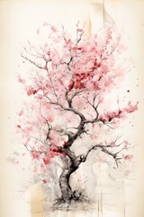 Generative AI, Beautiful japanese sakura tree, watercolor painting, vintage asian poster