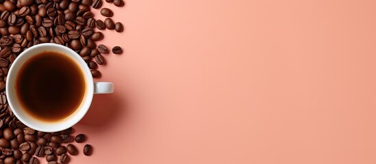 Coffee beans placed on a cup against a isolated pastel background Copy space