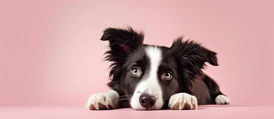 Solitary Border Collie dog lying isolated pastel background Copy space ground - Powered by Adobe