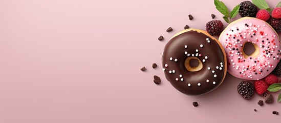 White and pink chocolate icing donut with berries and dark chocolate wrapped donut with chocolate flakes on a isolated pastel background Copy space