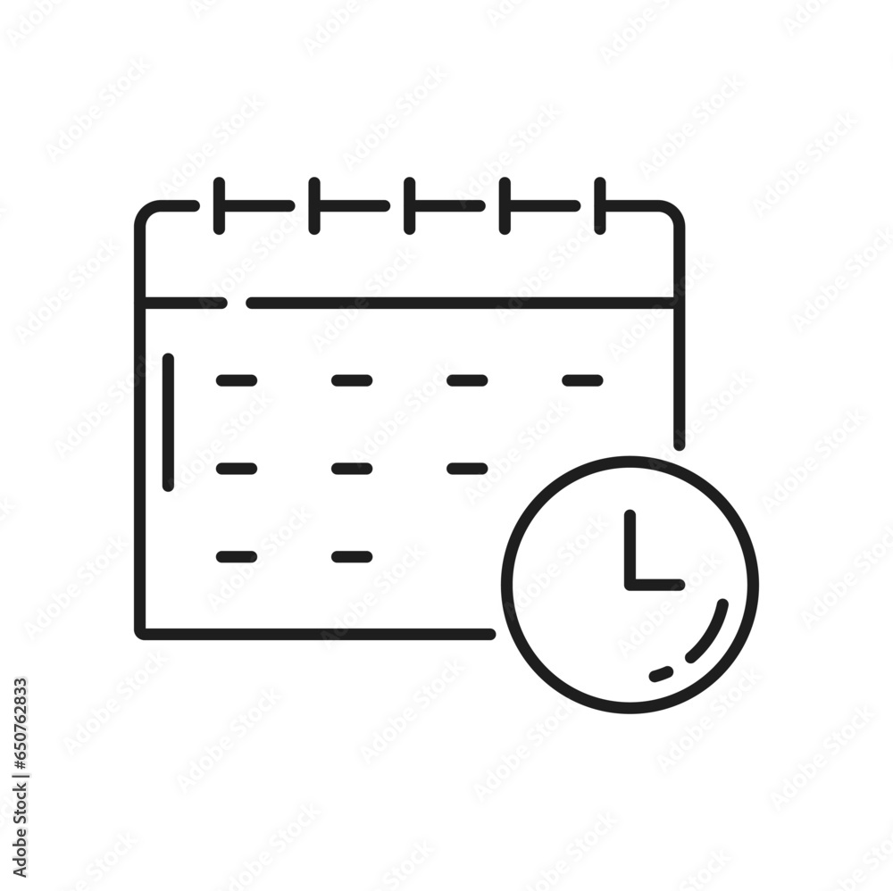 Poster Calendar assignment and clock outline icon. Vector schedule, appointment, planning concept thin line sign. Timetable scheduling, page organizer