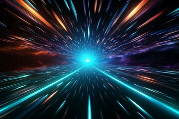 Obraz premium Interstellar hyperjump 3D rendering showcases a neon lit space tunnel
