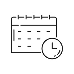 Calendar assignment and clock outline icon. Vector schedule, appointment, planning concept thin line sign. Timetable scheduling, page organizer