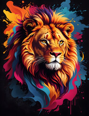 A formidable Lion, ferocious in its eyes., The background is painted with artistic, T-Shirt Art. Ai generative