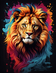 A formidable Lion, ferocious in its eyes., The background is painted with artistic, T-Shirt Art. Ai generative