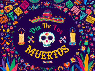 Dia de Los Muertos or Day of Dead banner with calavera skull in sombrero, vector papel picado flags and candles. Mexican holiday Dia de Los Muertos background, guitars and maracas in floral ornament