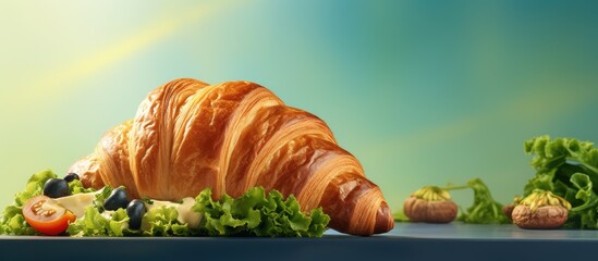 Savory croissant with veggies and micro greens on isolated pastel background Copy space - obrazy, fototapety, plakaty