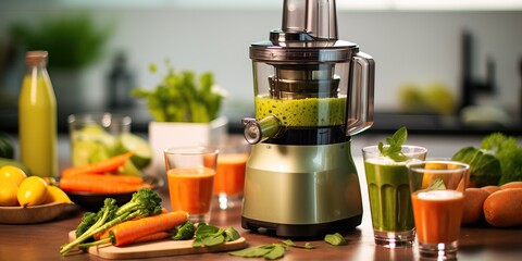 juicer with vegetables and fruits on the table in the home kitchen. healthy eating and self-care.