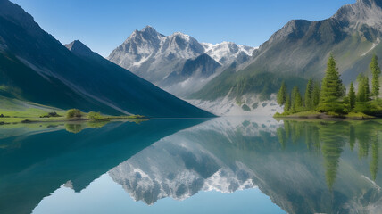 Serenity Captured: Majestic Mountains Reflected in Pristine, Mirror-Like Lake