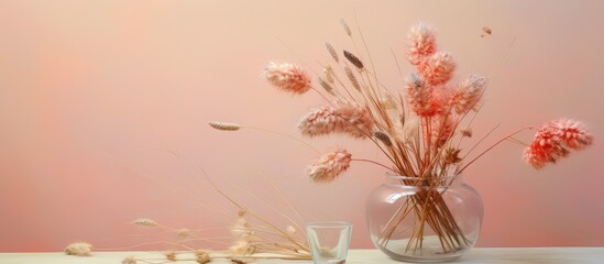Spaghetti bouquet with vases and containers of buckwheat and rice isolated pastel background Copy space