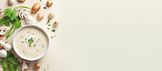 Decorated bowl of mushroom cream soup with champignon slices and parsley isolated pastel background Copy space - obrazy, fototapety, plakaty