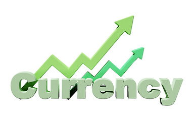 'Currency' text with growth chart luxury 3D Rendering on transparent background. use for stock market graph, financial, profit income