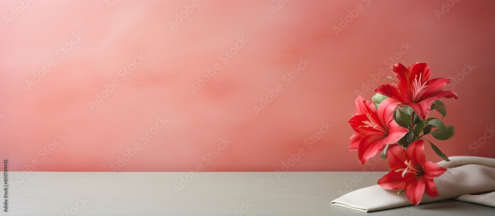 Aufkleber rectangular table with red flower vase and tablecloth isolated pastel background copy space
