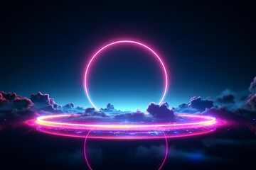 3D render Neon circles against a night sky, brilliantly illuminating
