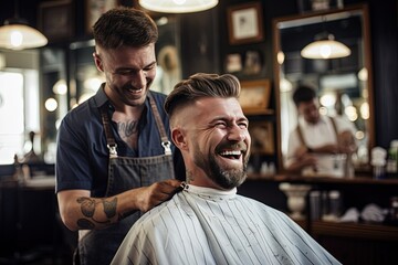hairdresser with male customer looks happy at salon	
